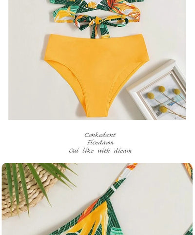 Women's two-piece swimsuit with a green, yellow, and orange tropical floral print halter top and solid yellow high-waisted bikini bottoms. - Image 7