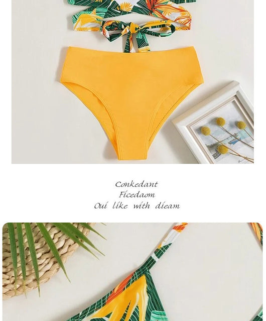 Women's two-piece swimsuit with a green, yellow, and orange tropical floral print halter top and solid yellow high-waisted bikini bottoms. - Image 7