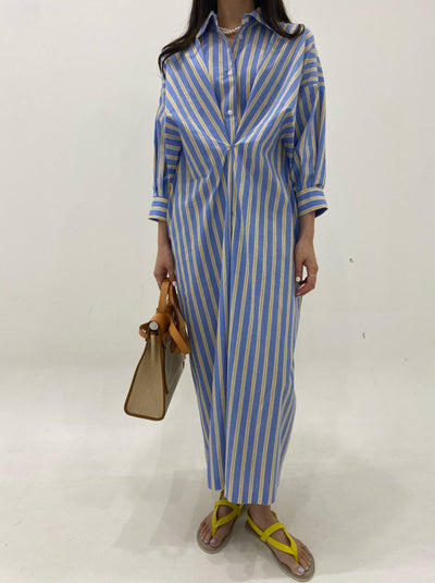 Vestido Camisero Plisado a Rayas Contraste - Manga Larga Holgado - Image 12