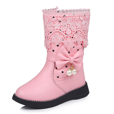Pink girls' boots with lace trim, polka dots, side zippers, and decorative bows with pearl charms. - Image 2