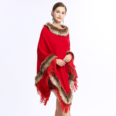 Poncho Tejido con Cuello de Piel Sintética de Zorro y Borlas - Image 3