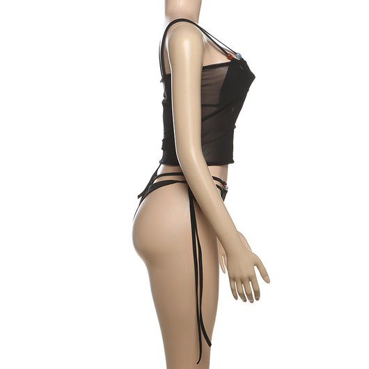 Women's fashionable three-piece bikini set with an abstract orange, brown, and blue print. Features a triangle top, mesh mini skirt, and lace-up details with be - Image 25