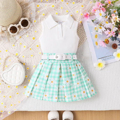 Conjunto de Tres Piezas para Niña: Top Sin Mangas a Rayas con Falda Cuadros Margarita y Cinturón - Image 3