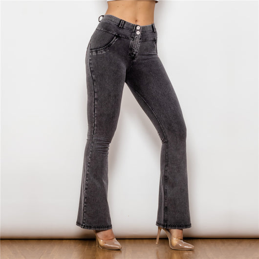 Pantalón Jean Negro Recto Cintura Media Pierna Ancha Levantacaderas con Elástico - Image 14