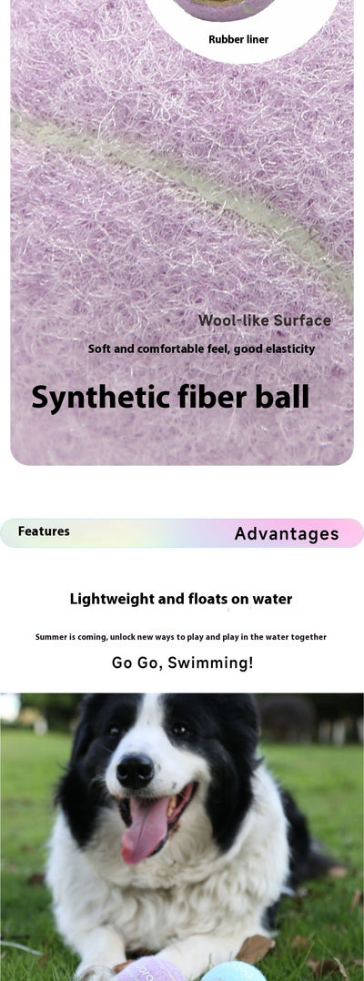 Peach yellow Petdora high elastic tennis ball dog toy next to its clear iridescent 'Popping Ball' packaging. - Image 11