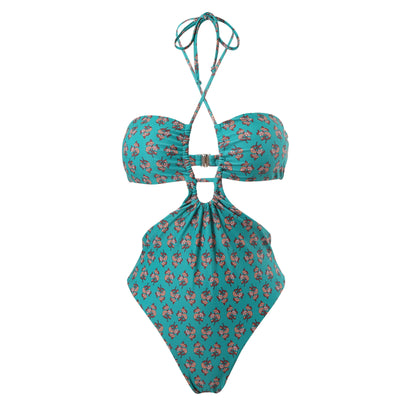 Dark green floral one-piece swimsuit with halter neck, bandeau top, cut-outs, and matching sheer sarong. - Image 19
