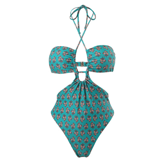 Dark green floral one-piece swimsuit with halter neck, bandeau top, cut-outs, and matching sheer sarong. - Image 19