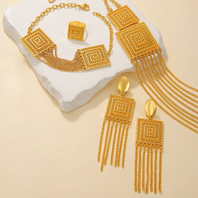 5-piece gold-plated jewelry set with multi-layered tassel necklace, matching dangle earrings, bracelet, and square ring. - Image 11