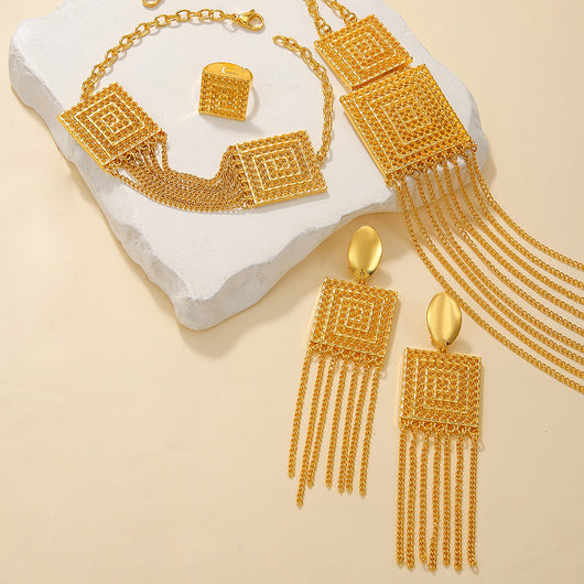 5-piece gold-plated jewelry set with multi-layered tassel necklace, matching dangle earrings, bracelet, and square ring. - Image 11