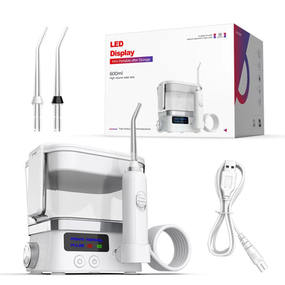 White household handheld portable oral irrigator with 600ml water tank, LED display, two nozzle tips, and USB cable. - Image 5