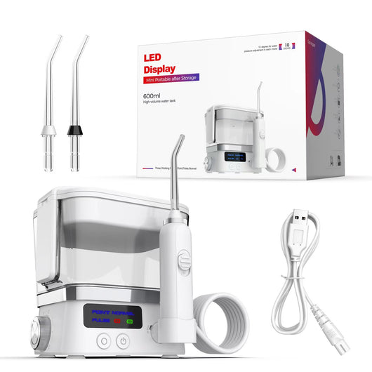 White household handheld portable oral irrigator with 600ml water tank, LED display, two nozzle tips, and USB cable. - Image 5