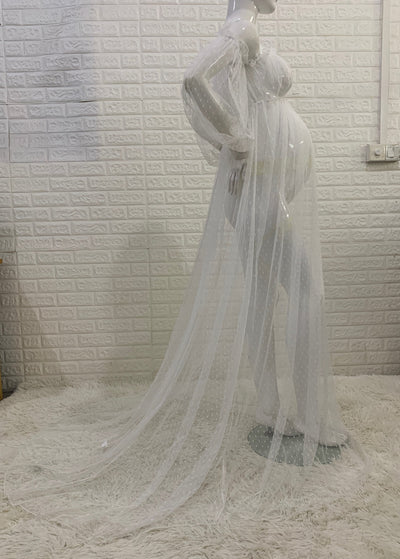 Vestido Premamá Hombros Descubiertos con Mangas Abullonadas y Estampado de Puntos - Image 12