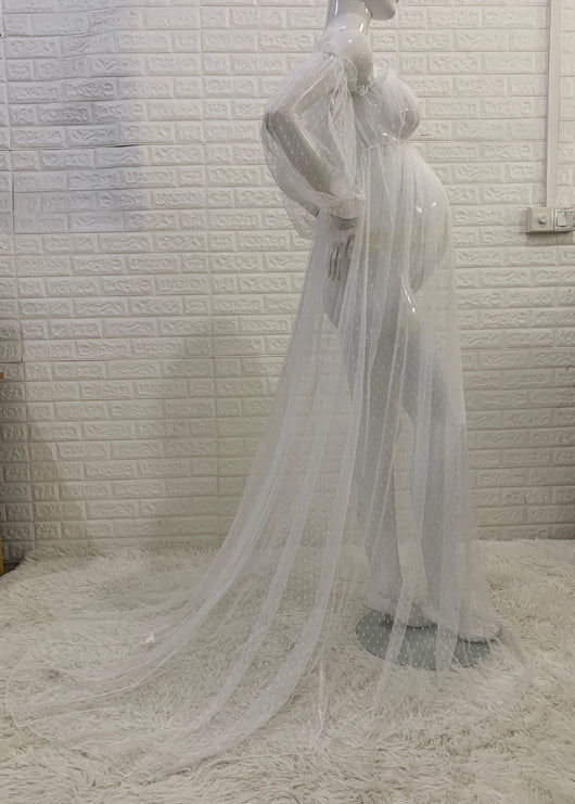 Vestido Premamá Hombros Descubiertos con Mangas Abullonadas y Estampado de Puntos - Image 12