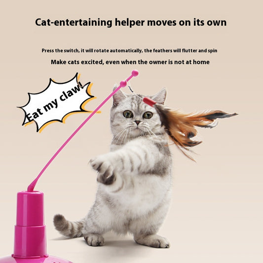 Pink automatic cat toy with a rotating pole and a brown feather attachment, measuring 15cm high. - Image 2