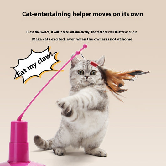 Pink automatic cat toy with a rotating pole and a brown feather attachment, measuring 15cm high. - Image 2