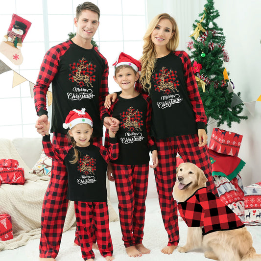 Black and red buffalo plaid Christmas pajama set with a leopard print reindeer snowflake graphic and "Merry Christmas" text.