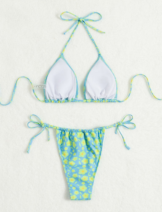 Lace-up sexy bikini with light blue and yellow floral print, featuring a triangle top and string tie bottoms. - Image 8