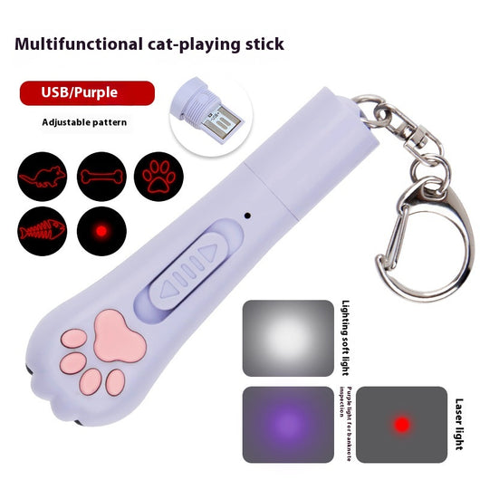 Light purple paw-shaped cat laser pointer toy with USB charging, featuring multiple red laser patterns, soft white light, and UV light. - Image 9
