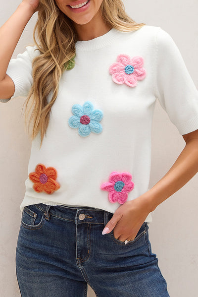 Blusa Tejida de Manga Corta con Flores 3D - Estilo Europeo Casual - Image 17