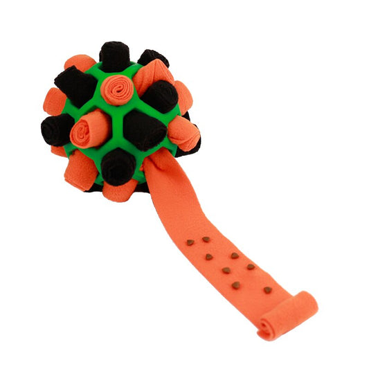 Red rubber pet sniff ball with pink, purple, and dark purple fleece rolls, featuring a treat-holding strap. - Image 2