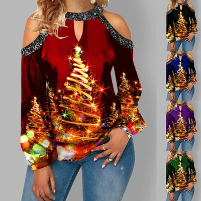Blusa Navideña de Cuello Colgante con Botones y Manga Larga Hueca para Mujer