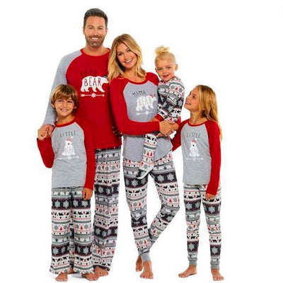 Children's grey and red long-sleeve pajama top with 'LITTLE BEAR' graphic and patterned winter-themed pants. - Image 2