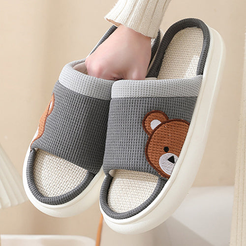 Pantuflas de Lino con Oso Adorable para Mujer - Cómodas, Antideslizantes y Transpirables