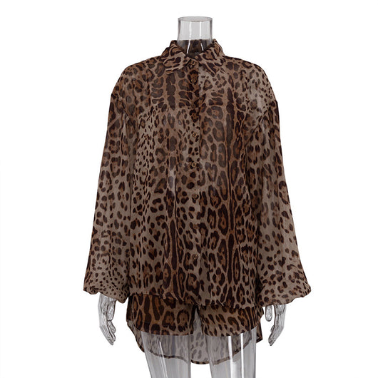 Conjunto Leopardo Transparente: Blusa Manga Larga y Shorts Sueltos - Image 5