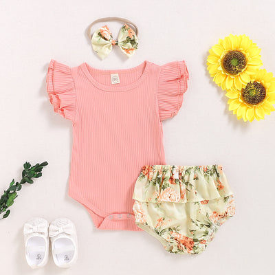 Conjunto de Verano para Bebé: Romper Floral con Shorts y Diadema