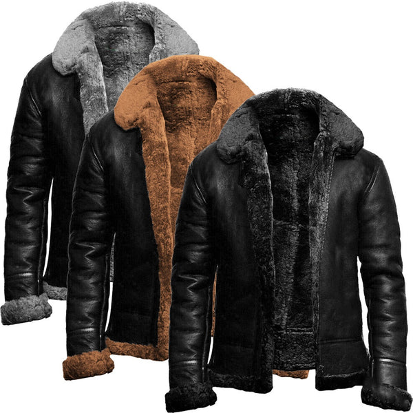 Chaqueta de Cuero Invernal para Hombre con Solapa y Forro de Piel