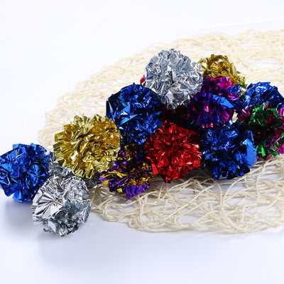 Assorted metallic crinkle foil balls for cats in red, blue, gold, silver, purple, and green colors. - Image 6