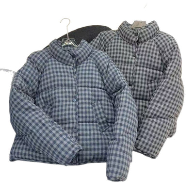 Chaqueta Puffer Cropped a Cuadros Suelta para Mujer - Image 5
