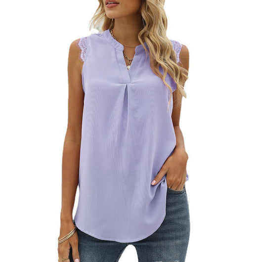 Blusa Suelta Escote V sin Mangas con Encaje de Color Sólido - Image 4