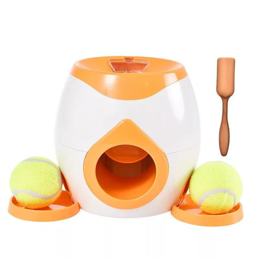 Smart pet feeder and tennis ball reward machine in white and lime green, with two mini tennis balls and a scoop. - Image 10