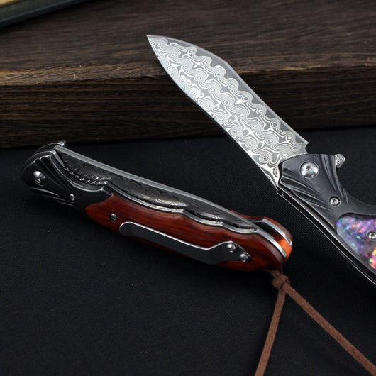 Cuchillo Plegable Outdoor Acero Damasco con Mango de Palo de Rosa - Image 8