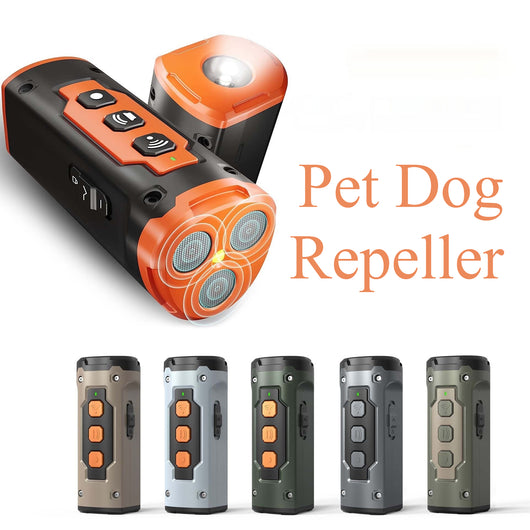 Black handheld ultrasonic dog deterrent device with three sonic emitters and an LED flashlight on a white background. - Image 6