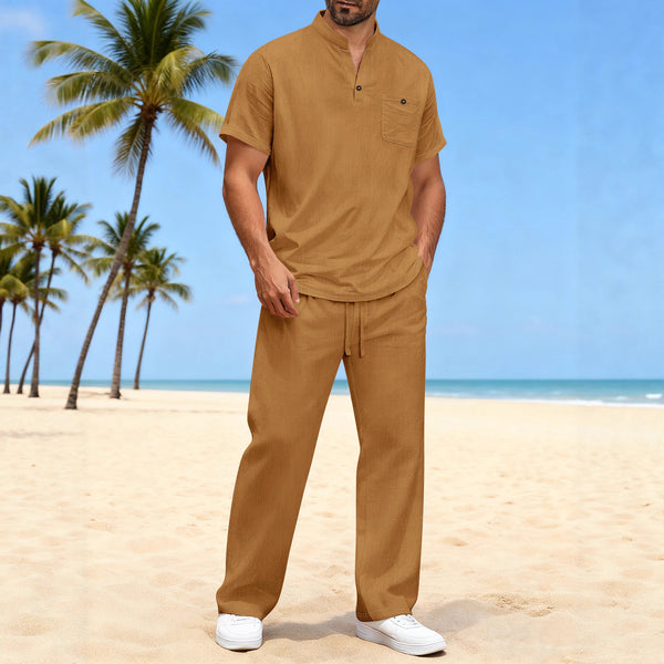 Camiseta Casual de Algodón y Lino para Hombre - Manga Corta Color Liso