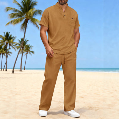 Camiseta Casual de Algodón y Lino para Hombre - Manga Corta Color Liso - Image 2