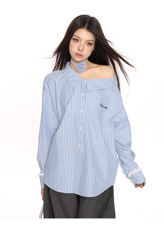 Blusa Larga Azul a Rayas Reductora de Hombros para Mujer - Image 6