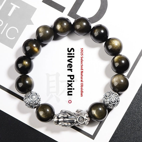 Pulsera de Obsidiana Natural Tropas Valientes Plata S999 para Hombre