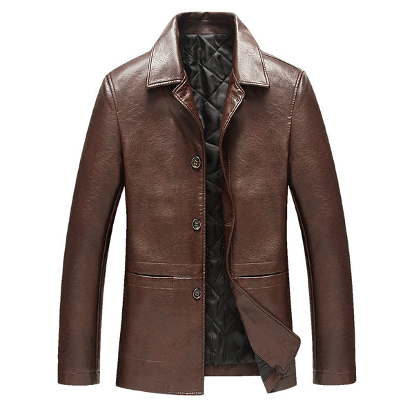 Chaqueta de Cuero con Solapa para Hombre Maduro - Algodón Premium