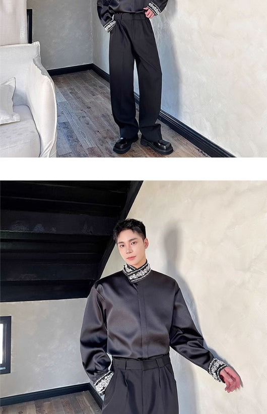 Camisa de Satén Elegante para Hombre con Cuello Mao y Detalles de Lentejuelas Brillantes - Image 11