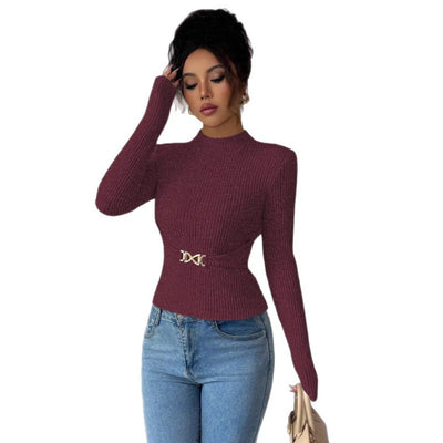 Blusa Base Cuello Mock Ajustada con Mangas Largas para Mujer - Image 4