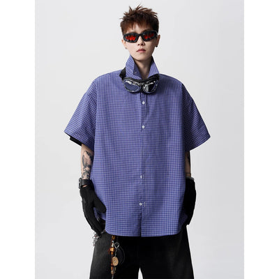 Camisa Preppy de Cuadros Azul Retro Americana de Manga Corta para Hombre - Image 9