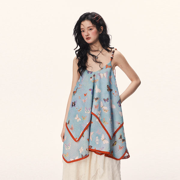Vestido Corto Tipo Sling con Cuentas de Mariposa - Estilo Femenino y Adorable