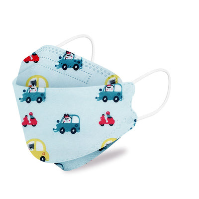 White children's KN95 mask with a cute cartoon pattern of blue bunnies, pink bears, trees, and flowers. - Image 12