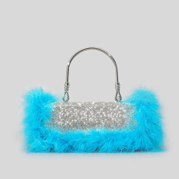 Bolso de Hombro Crossbody con Incrustaciones de Diamantes y Pelo de Avestruz