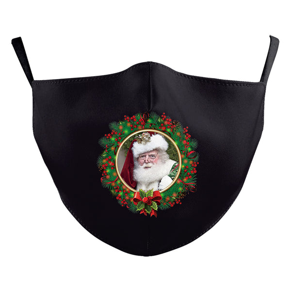 Black adult dust mask with a Christmas wreath design featuring Santa Claus in the center. - Image 3