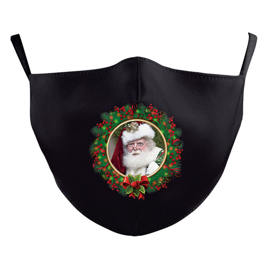 Black adult dust mask with a Christmas wreath design featuring Santa Claus in the center. - Image 3