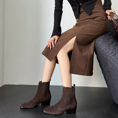Botas Tobilleras Estilo Francés en Cuero Genuino con Punta Cuadrada y Tacón Robusto - Image 3